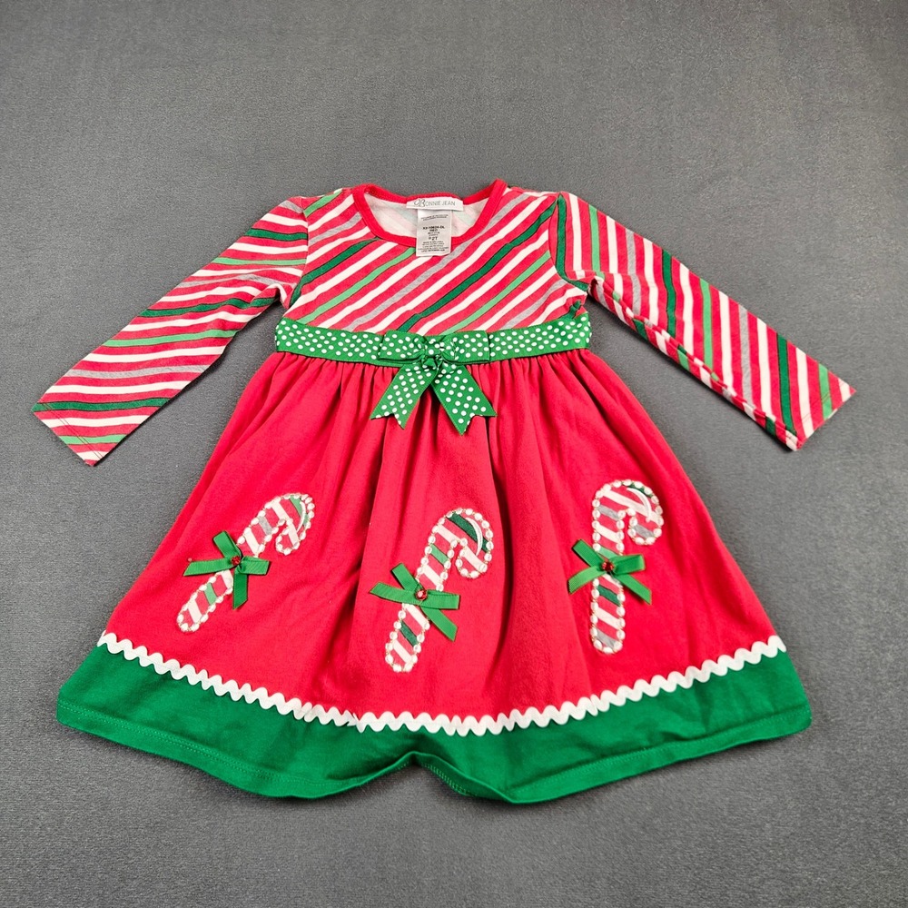 Bonnie Jean Toddler Girls Christmas Dress Red Green Candy Cane Striped 2T